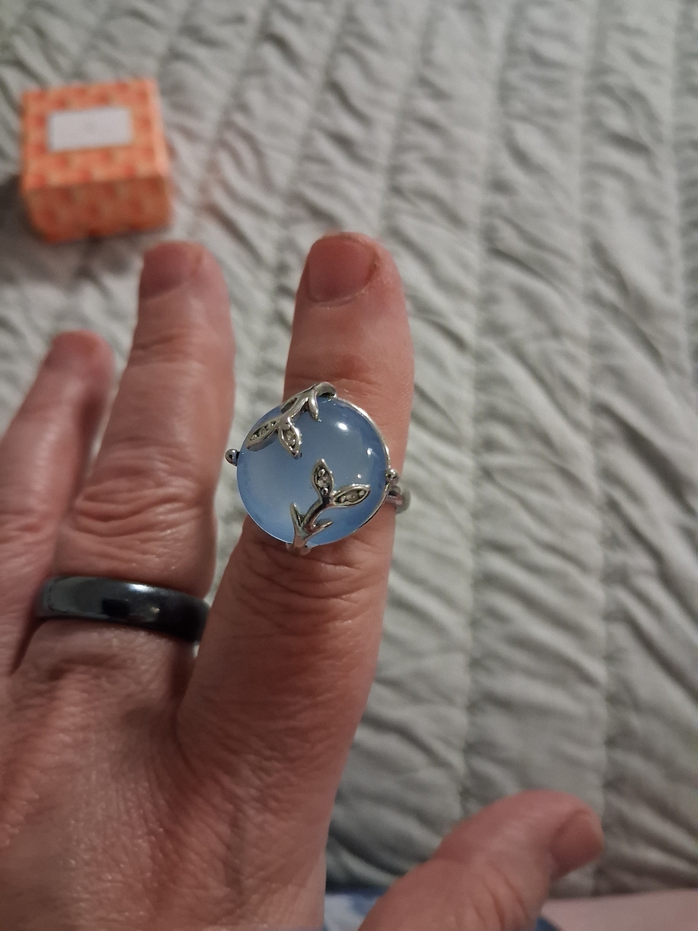 Sterling Silver Blue Chalcedony Leaf Motif Ring